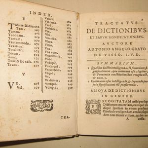 Indice e frontespizio del volume "Tractatus de dictionibus" di  A.A. Grato, Ronciglione 1621