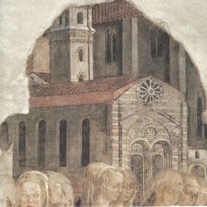 La chiesa di San Domenico vecchio in un particolare dall'affresco con le "Storie di S. Ercolano" attribuito a Benedetto Bonfigli, Perugia, Palazzo dei Priori, seconda metà sec. XV