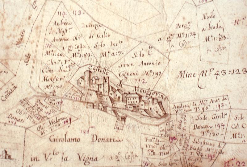 Particolare di una mappa del Catasto Chiesa con il castello di Mongiovino
