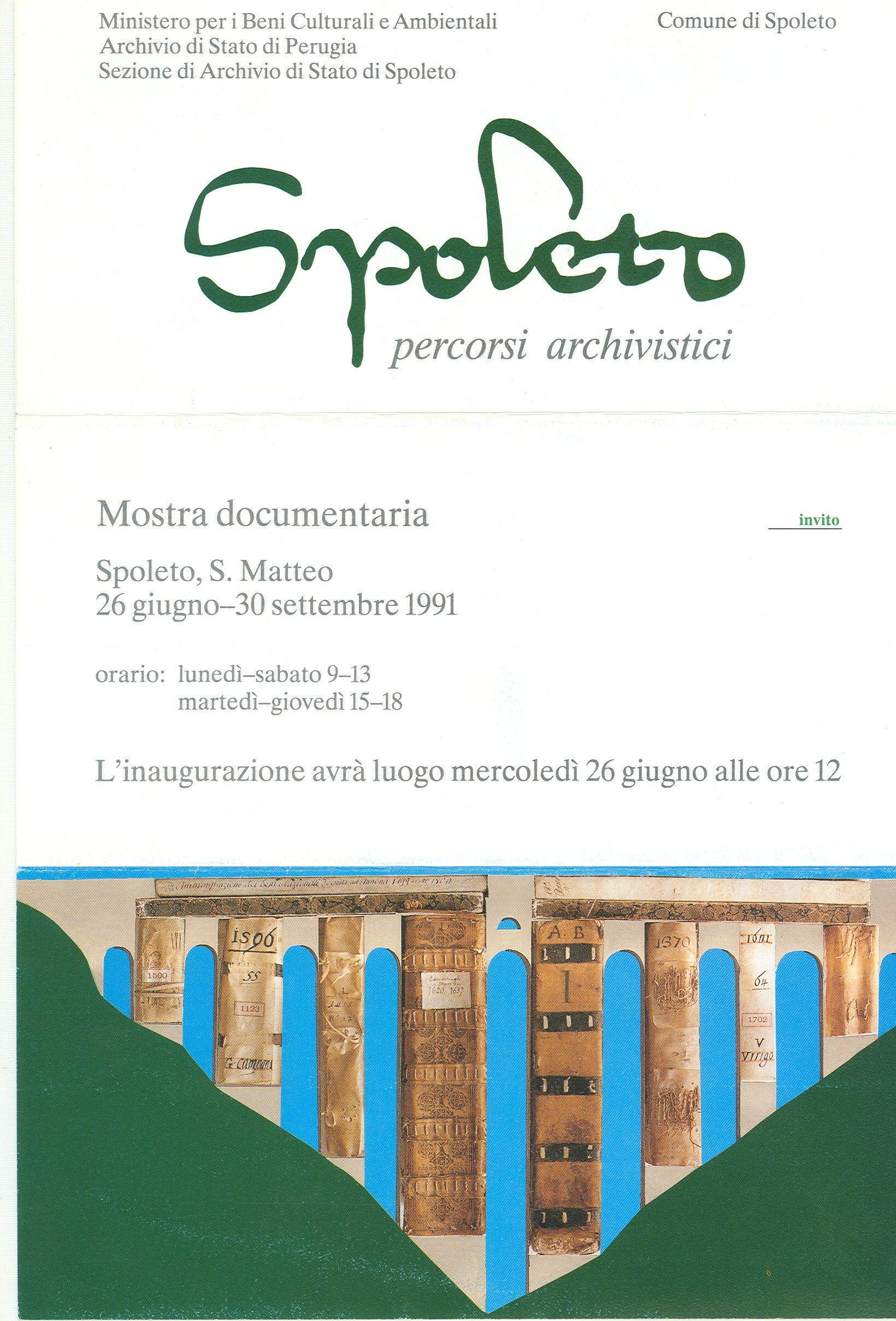 Locandina della mostra "Percorsi archivistici" nella Sezione di Archivio di Stato di Spoleto, 26 giugno-30 settembre 1991