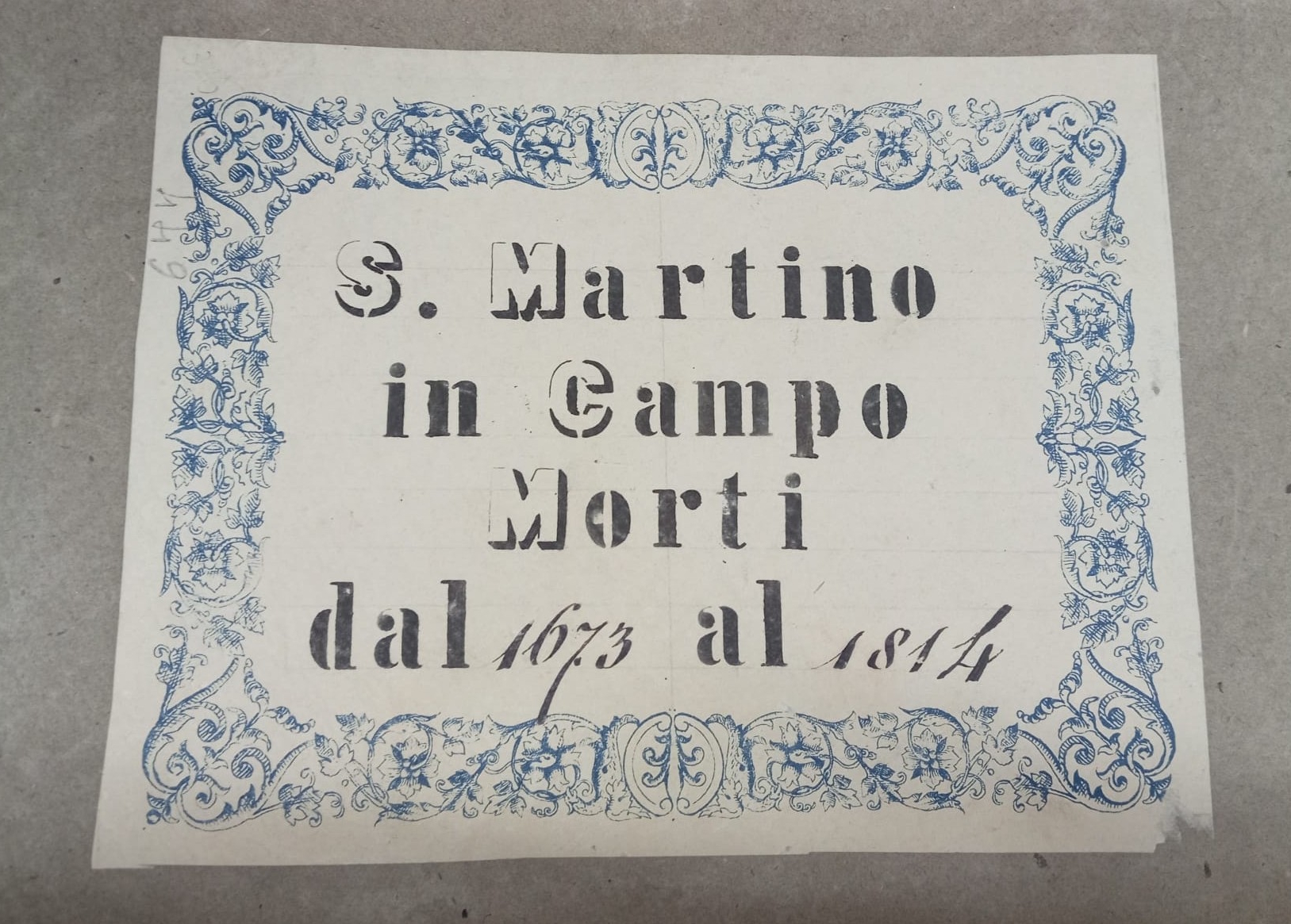 Coperta del registro parrocchiale n. 449 del Comune di Perugia (parrocchia di S. Martino in campo, morti dal 1673 al 1814)